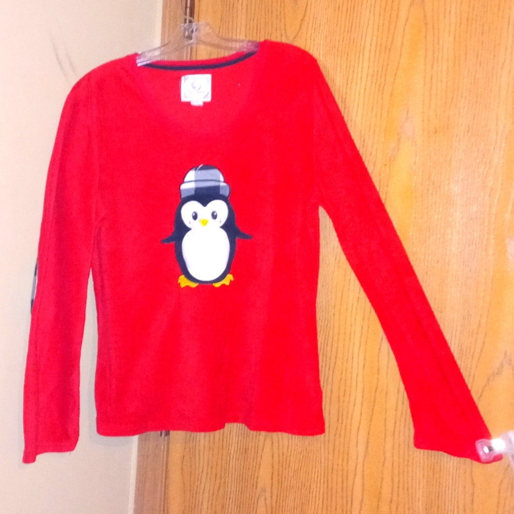 Red "PJ COUTURE" Cute penguin & black/white hat on long sleeve sleep shirt Sz:XL